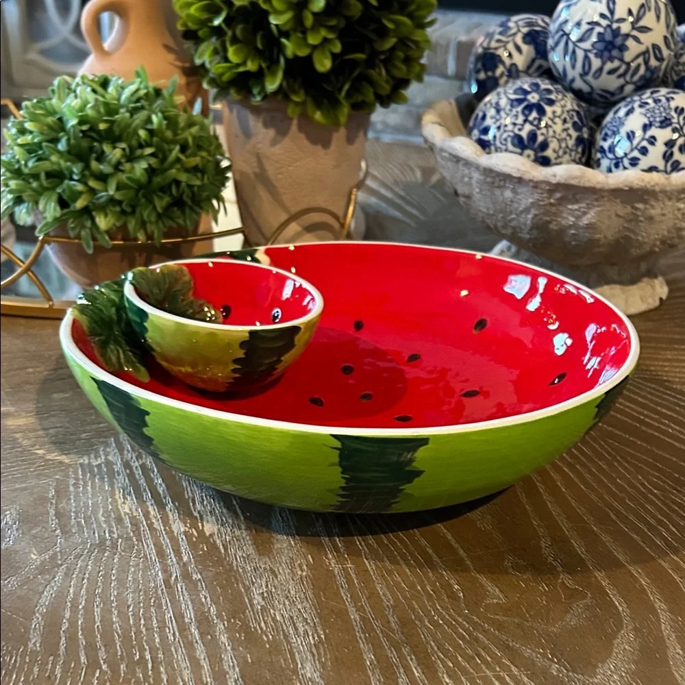 NEW! Ceramic Stoneware Vibrant Watermelon Chip & Dip Serving Fruit Bowl